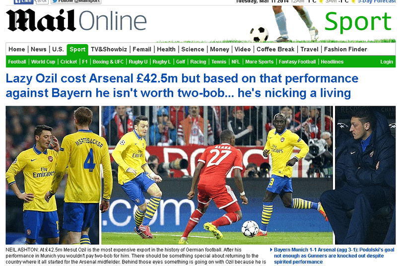 Die "Daily Mail": Fauler Özil hat Arsenal 42,5 Millionen Pfund gekostet, aber wie er sich gegen Bayern präsentiert hat ist er das nicht Wert.