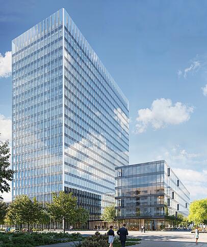 So soll es in Obersendling einmal aussehen: Ex-Siemens Hochhaus mit dem neuen Hotel-Bau daneben.