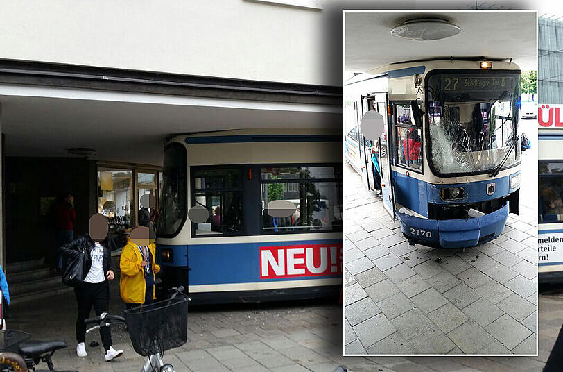 In München ist eine Trambahn entgleist und gegen ein Haus geprallt.