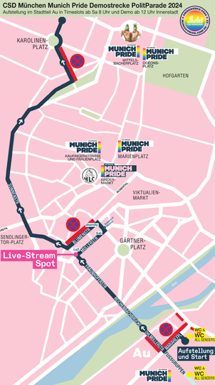 Vom Mariahilfplatz in der Au führt die Parade durch die Stadt. Los geht es um 12 Uhr. Die Parade endet schließlich in der Barer Straße. Am Marienplatz treten Live-Music-Acts auf, in der Kaufingerstraße werden Talks angeboten und es gibt einen Biergarten.