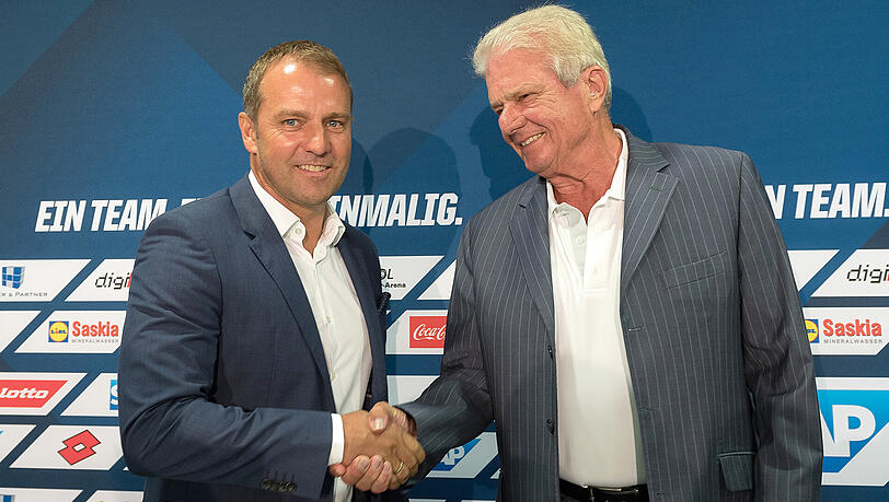 Dietmar Hopp, Gesellschafter des Bundesligisten TSG 1899 Hoffenheim (rechts), und der neue Geschäftsführer Hansi Flick. Dietmar Hopp, Gesellschafter des Bundesligisten TSG 1899 Hoffenheim (rechts), und der neue Geschäftsführer Hansi Flick.
