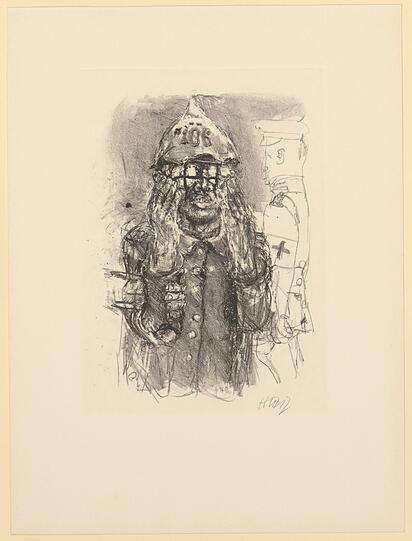 Bernhard Heisigs Graphik „Erblindeter Soldat“ aus dem Zyklus zu Ludwig Renns Roman „Krieg“, 1976-1978.