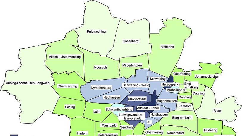 So hoch sind die Mieten für eine 70-Quadratmeter-Bestandswohnung mit "gutem Wohnwert" in den Münchner Vierteln &ndash; angegeben in Euro pro Quadratmeter.