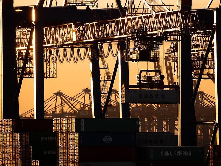 Ein Containerschiff wird im Hamburger Hafen entladen.