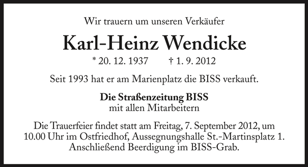 Trauer um Karl-Heinz Wendicke.