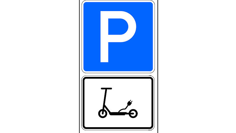 Das spezielle E-Scooter-Schild, mit dem auf Abstellflächen hingewiesen wird. Das spezielle E-Scooter-Schild, mit dem auf Abstellflächen hingewiesen wird.
