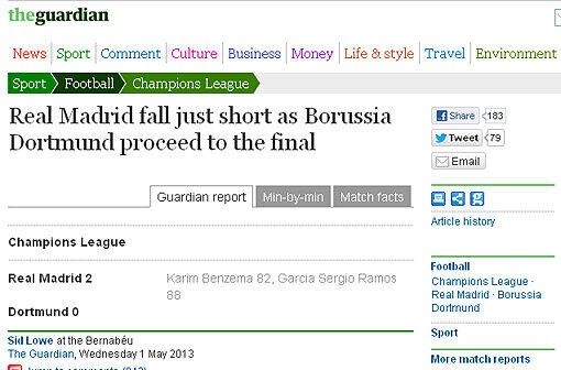 Der britische Guardian: "Real Madrid bleibt knapp zurück, während Borussia Dortmund das Finale erreicht."