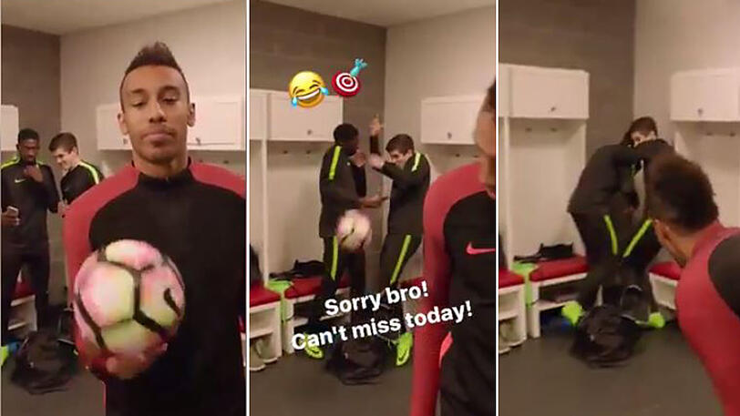 Aubameyang drischt den Ball direkt ins Gesicht von Dembélé.