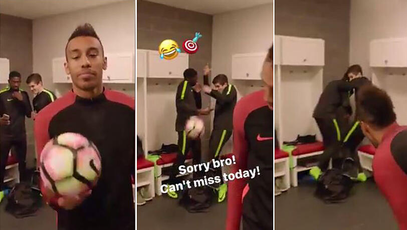 Aubameyang drischt den Ball direkt ins Gesicht von Dembélé. Aubameyang drischt den Ball direkt ins Gesicht von Dembélé.