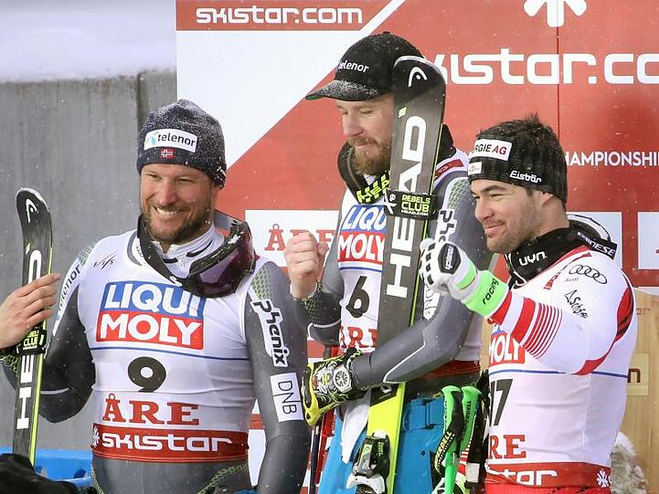 Aksel Lund Svindal (l, 2. Platz), Kjetil Jansrud (M, 1. Platz) und Vincent Kriechmayr (3. Platz).