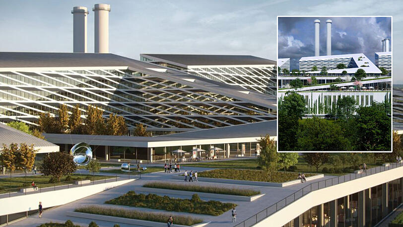 So stellt sich das Architekturbüro die neue Großmarkthalle vor. Im kleinen Bild der Blick von Sendling aus.