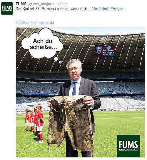 Das Sport-Satire-Portal "Fums" betrachtet die Vorstellung von Ancelotti beim FC Bayern mit einem Augenzwinkern. Scheinbar weiß nicht jeder eine schöne Tracht zu schätzen.