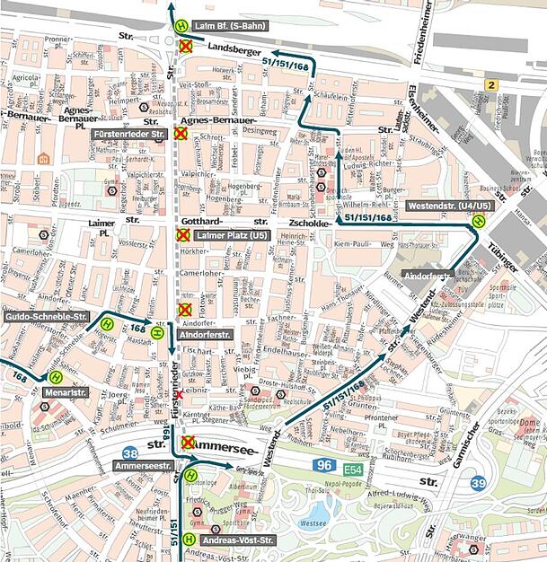 Umleitungskarte der MVG zur Sperrung Fürstenrieder Straße Umleitungskarte der MVG zur Sperrung Fürstenrieder Straße