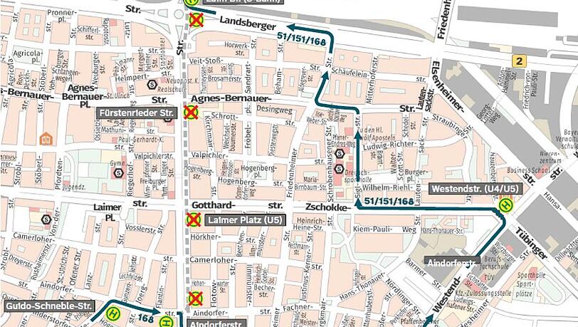 Umleitungskarte der MVG zur Sperrung Fürstenrieder Straße Umleitungskarte der MVG zur Sperrung Fürstenrieder Straße