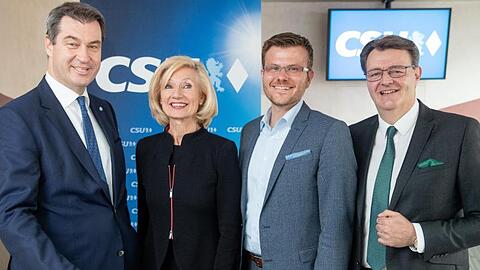 Markus Söder (l-r), Ministerpräsident von Bayern, die Nürnberger Kulturreferentin Julia Lehner (beide CSU), der Leiter der CSU-Stadtratsfraktion Marcus König und Michael Frieser, Bezirksvorsitzender des CSU-Verbands Nürnberg-Fürth-Schwabach, stehen nebeneinander. Foto: Daniel Karmann