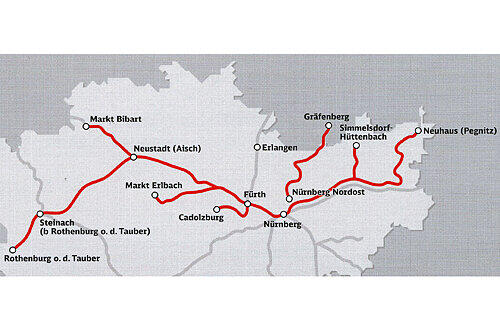 Auf der Karte eingezeichnet: die sechs Strecken, die dank der &bdquo;Mittelfrankenbahn&ldquo; jetzt noch öfter angefahren werden.