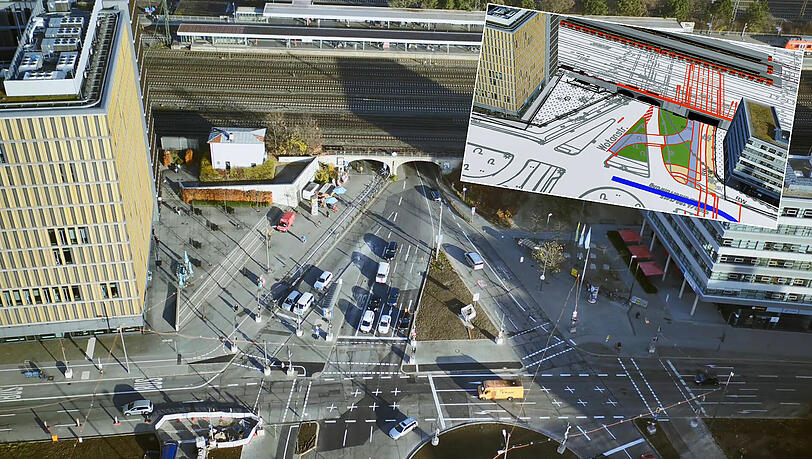 Im kleinen Bild in Hellblau: der künftige Verlauf der Busspuren durch die Umweltverbundröhre am Laimer Bahnhof. Im kleinen Bild in Hellblau: der künftige Verlauf der Busspuren durch die Umweltverbundröhre am Laimer Bahnhof.