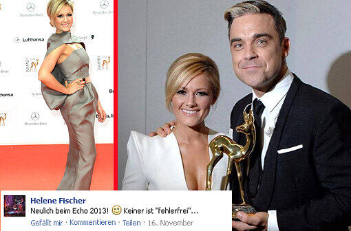 Bei Facebook postet Helene Fischer: Neulich beim Echo 2013! Keiner ist "fehlerfrei"... Die Schlagersängerin kann über ihren Ausrutscher lachen.