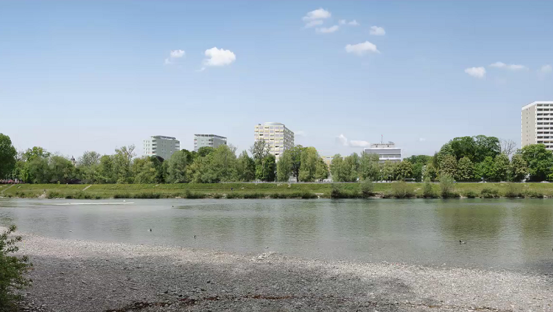 Von links: die zwei Wohntürme, daneben die neue Klinik. Das Wohngebäude ganz rechts steht schon.