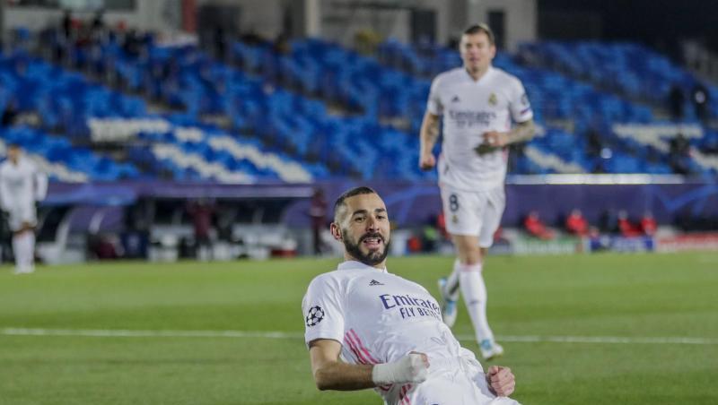 Karim Benzema vom Real Madrid feiert seinen Treffer gegen Borussia Mönchengladbach.