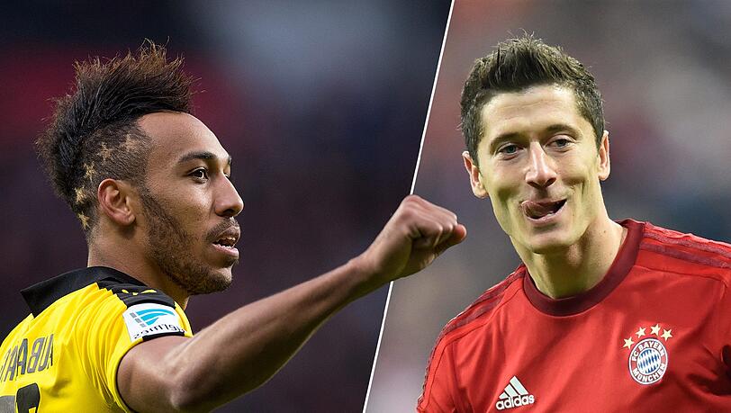 Wer setzt sich die Torjäger-Krone auf? Robert Lewandowski vom FC Bayern (r.) hält zwei Spieltage vor Schluss bei 27 Treffern, Dortmunds Pierre-Emerick Aubameyang hat bisher 25 Tore erzielt. Wer setzt sich die Torjäger-Krone auf? Robert Lewandowski vom FC Bayern (r.) hält zwei Spieltage vor Schluss bei 27 Treffern, Dortmunds Pierre-Emerick Aubameyang hat bisher 25 Tore erzielt.