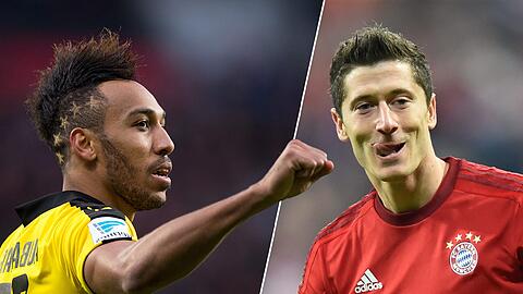 Wer setzt sich die Torjäger-Krone auf? Robert Lewandowski vom FC Bayern (r.) hält zwei Spieltage vor Schluss bei 27 Treffern, Dortmunds Pierre-Emerick Aubameyang hat bisher 25 Tore erzielt.