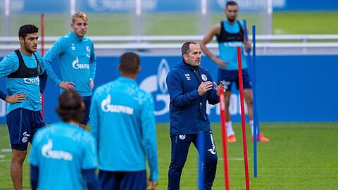 Trainer Manuel Baum (2.v.r.) feiert beim FC Schalke 04 sein Debüt.