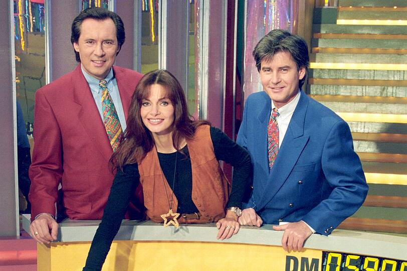 Kultige Dauerwerbesendung: &bdquo;Glücksrad&ldquo; mit Frederic Meisner (r), Maren Gilzer und Peter Bond.