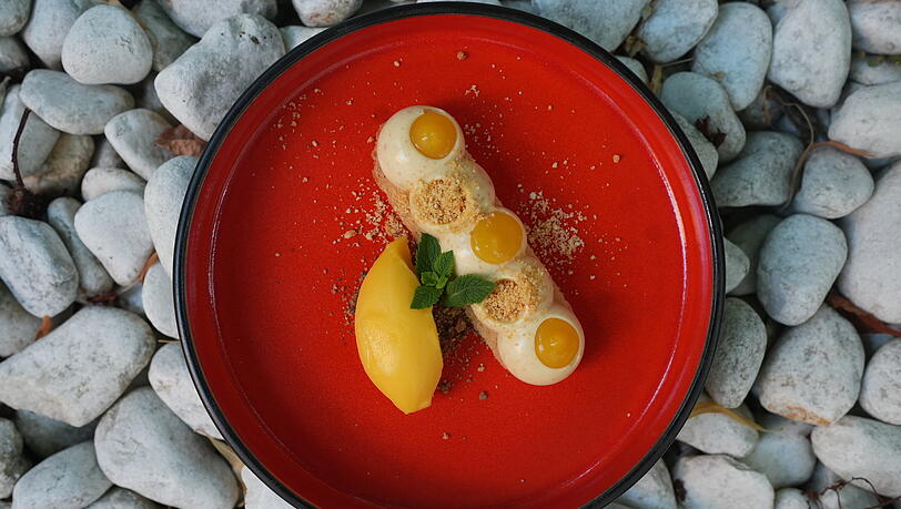 Alessios Mandel-Mousse: Noto-Mandeln, Miesbacher Rahm, Mandel-Pralinato, römisches
Shortbread und Mandarine als Gel und Sorbet. Alessios Mandel-Mousse: Noto-Mandeln, Miesbacher Rahm, Mandel-Pralinato, römisches
Shortbread und Mandarine als Gel und Sorbet.