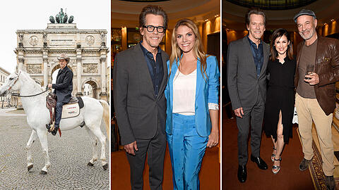 Kevin Bacon cool zu Ross vor dem Siegestor. Danach ging's in den Bayerischen Hof zur Promi-Party.