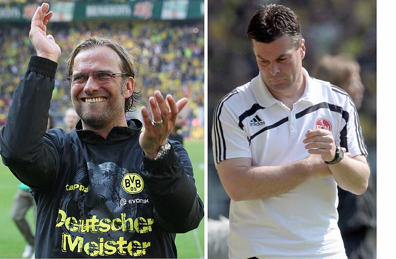 Dortmunds Jürgen Klopp freut sich über den Titel, seinem Nürnberger Kollegen Dieter Hecking steht die Enttäuschung ins Gesicht geschrieben.