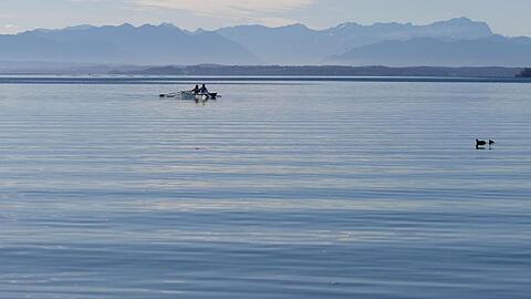 Ruderer sind auf dem Starnberger See unterwegs.