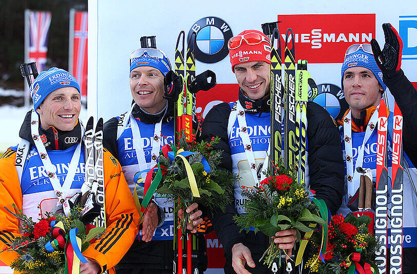 Die deutschen Biathleten Erik Lesser (l-r), Andreas Birnbacher, Arnd Pfeiffer und Simon Schempp haben in Ruhpolding den zweiten Platz geholt.