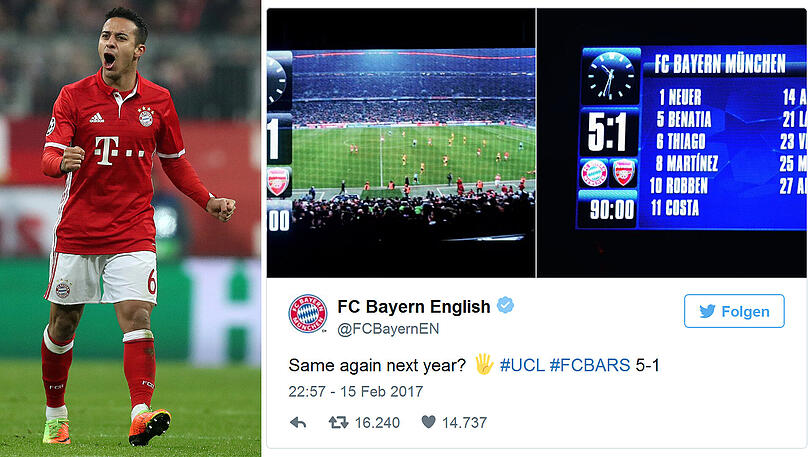 Der inzwischen gelöschte Tweet auf dem englischen Twitter-Account des FC Bayern - und der zweifache Torschütze Thiago (links).