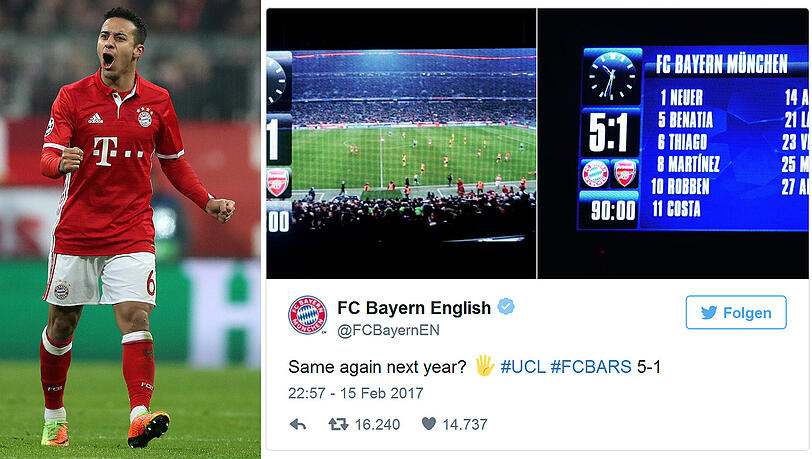 Der inzwischen gelöschte Tweet auf dem englischen Twitter-Account des FC Bayern - und der zweifache Torschütze Thiago (links). Der inzwischen gelöschte Tweet auf dem englischen Twitter-Account des FC Bayern - und der zweifache Torschütze Thiago (links).