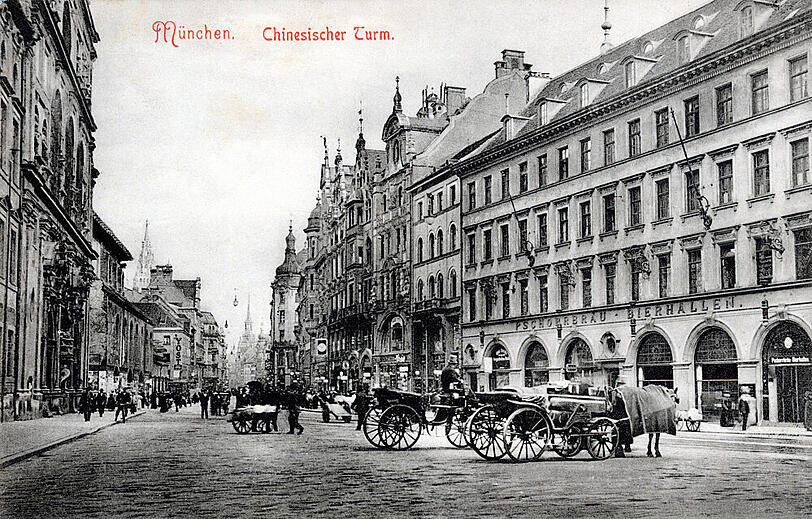 Die alten Pschorrbräu-Bierhallen, wo Pschorr erstmals in München braute, in der Neuhauser Straße um 1900 herum. Die alten Pschorrbräu-Bierhallen, wo Pschorr erstmals in München braute, in der Neuhauser Straße um 1900 herum.
