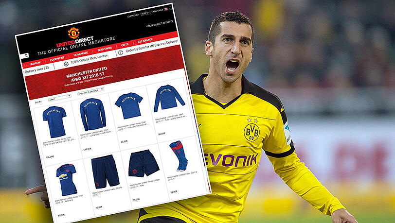 War für kurze Zeit am Donnerstagabend im Manchester United-Fanshop zu haben: Das Trikot von Dortmunds Henrich Mchitarjan. War für kurze Zeit am Donnerstagabend im Manchester United-Fanshop zu haben: Das Trikot von Dortmunds Henrich Mchitarjan.