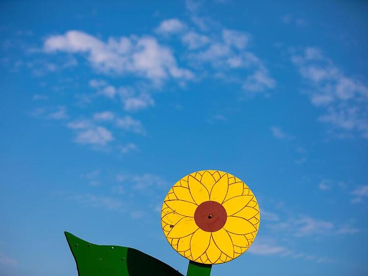 Eine aus Holz gestaltete Sonnenblume. Foto: Moritz Frankenberg/dpa