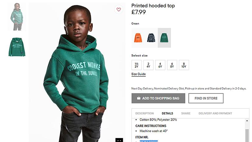 Das Kleidungsstück mit der Aufschrift "Coolster Affe im Dschungel" wird im Werbebild von einem dunkelhäutigen Jungen getragen. Deshalb erntet H&M nun massive Kritik.