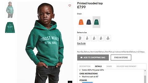 Das Kleidungsstück mit der Aufschrift "Coolster Affe im Dschungel" wird im Werbebild von einem dunkelhäutigen Jungen getragen. Deshalb erntet H&M nun massive Kritik.