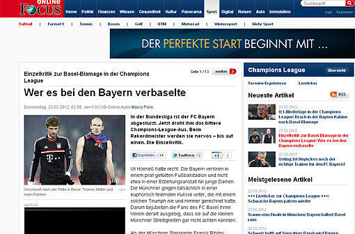 Der "Focus" pflichtet dem Präsidenten bei: "Uli Hoeneß hatte recht. Die Bayern verloren in einem prall gefüllten Fußballstadion und nicht etwa in einer Erziehungsanstalt für junge Damen. Die Münchner gingen tatsächlich in einer euphorisch feiernden Kulisse unter, die mit einem solchen Triumph nie und nimmer gerechnet hatte. Darum bejubelten die Fans des FC Basel ihren Verein derart ausgiebig, dass sie auf die kleinen Münchner Streitigkeiten gar nicht achten konnten."
