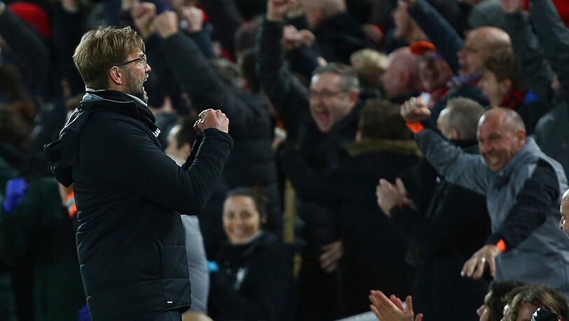 Jürgen Klopp, Trainer vom FC Liverpool, jubelt über einen Treffer seines Teams. Jürgen Klopp, Trainer vom FC Liverpool, jubelt über einen Treffer seines Teams.
