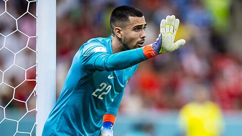 Portugals Torwart Diogo Costa gestikuliert.