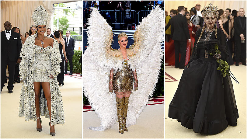 Rihanna, Katy Perry und Madonna (v.l.) bei der "Met Gala" in New York. Klicken Sie sich durch die Bilder vom roten Teppich.