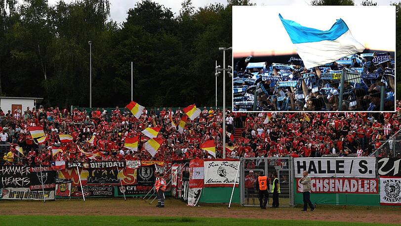 Klein: der Gästeblock im Stadion in Völklingen (li.); riesig: die Unterstützung der 1860-Fans für ihre Löwen (re.).