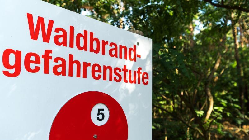 Ein Schild weist die Waldbrandgefahrenstufe 5 aus. Foto: Monika Skolimowska/Archivbild