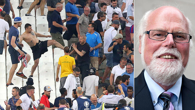 Diese Bilder haben bei der EM 2016 schockiert: Russische Hooligans gehen in Marseille auf englische Fans los. Rechts Gunter A. Pilz. Diese Bilder haben bei der EM 2016 schockiert: Russische Hooligans gehen in Marseille auf englische Fans los. Rechts Gunter A. Pilz.