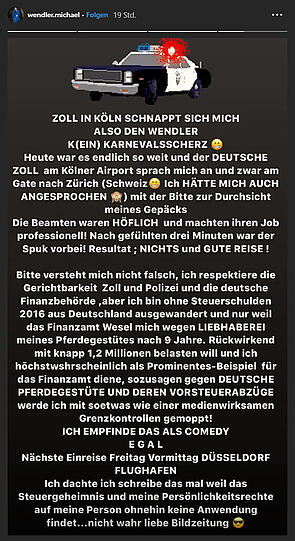 Mit diesem Statement berichtet Schlagersänger Michael Wendler über seine Kontrolle durch den Zoll am Kölner Flughafen.
