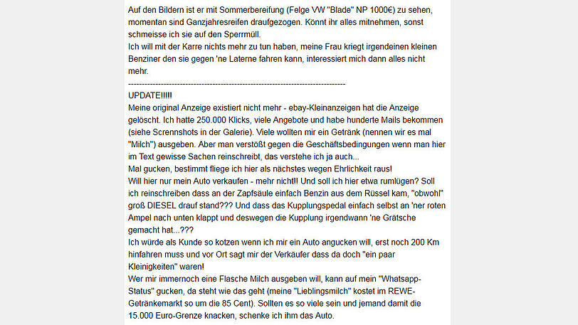 Auf eBay möchte ein Mann aus Hannover seinen VW Touran nach nur 3,5 Jahren verkaufen - und ist dabei erstaunlich offen...