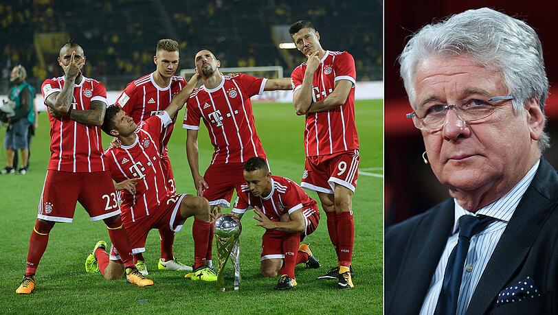 Ganz cool zum ersten Titelchen der Saison: Die Bayern-Profis Arturo Vidal, Thomas Müller, Joshua Kimmich, Franck Ribéry und Robert Lewandowski (von links) mit dem Supercup. Fußballexperte Marcel Reif glaubt, dass sich da vieles noch "zurechtruckeln" muss. Ganz cool zum ersten Titelchen der Saison: Die Bayern-Profis Arturo Vidal, Thomas Müller, Joshua Kimmich, Franck Ribéry und Robert Lewandowski (von links) mit dem Supercup. Fußballexperte Marcel Reif glaubt, dass sich da vieles noch "zurechtruckeln" muss.